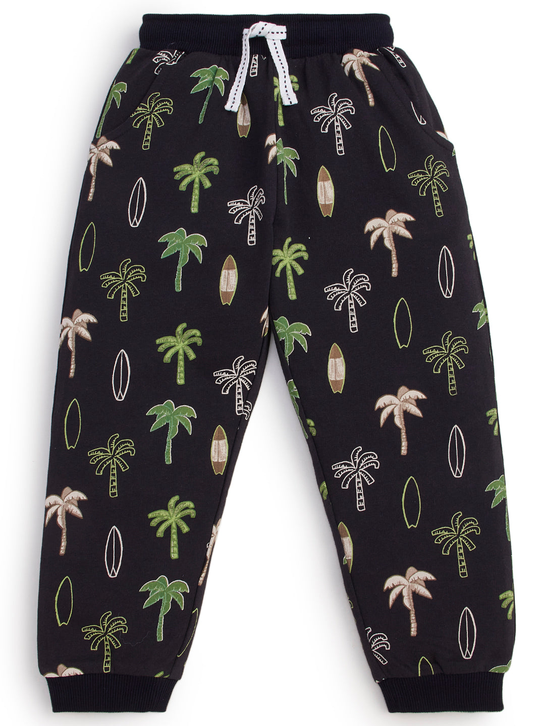 "Boys' Black Jogger Pants with Palm Tree & Surfboard Print