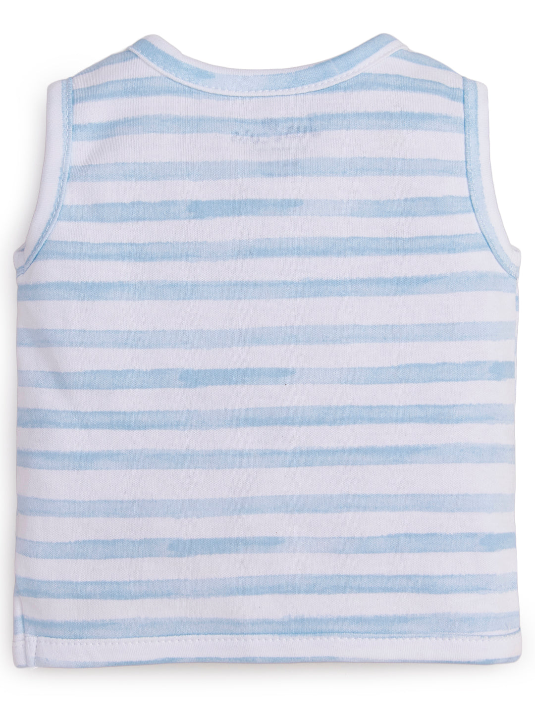 "Baby Boys' Sleeveless Cotton Vest Set – Pack of 3 (Elephant Print, Solid Blue, Striped)"