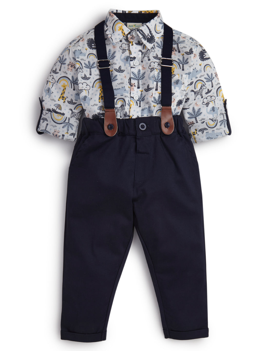 Boys Printed Cotton Shirt & Elasticated Pant With Strap Set