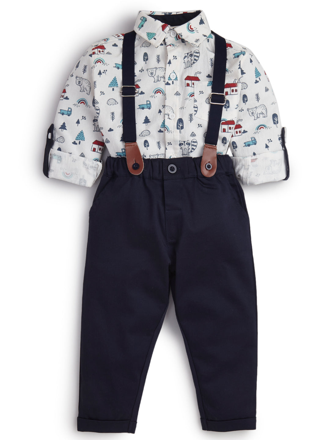 Boys Printed Cotton Shirt & Elasticated Pant With Strap Set