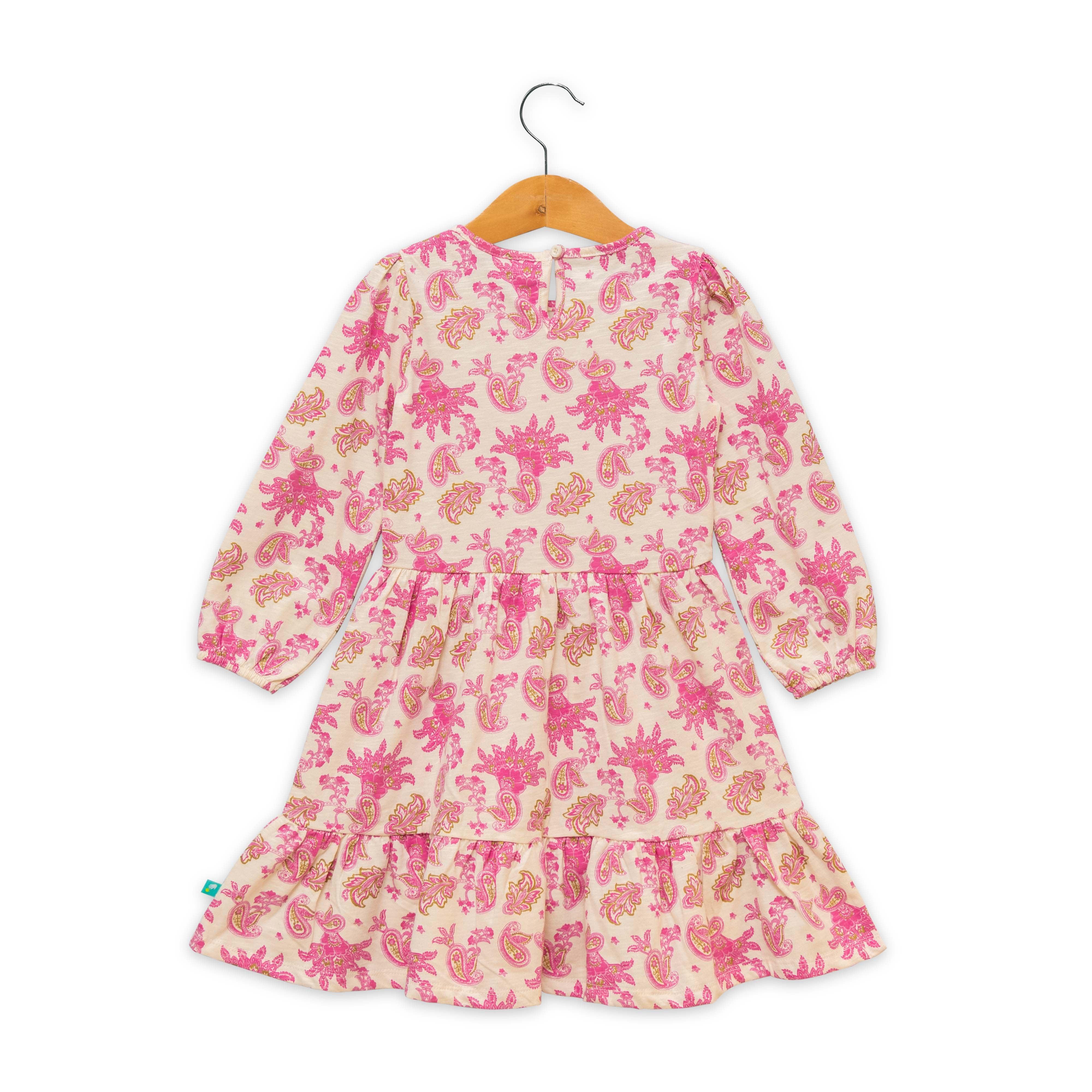 Girls Ethnic Motifs Printed Gathered Or Pleated Cotton A Line Dress - Juscubs